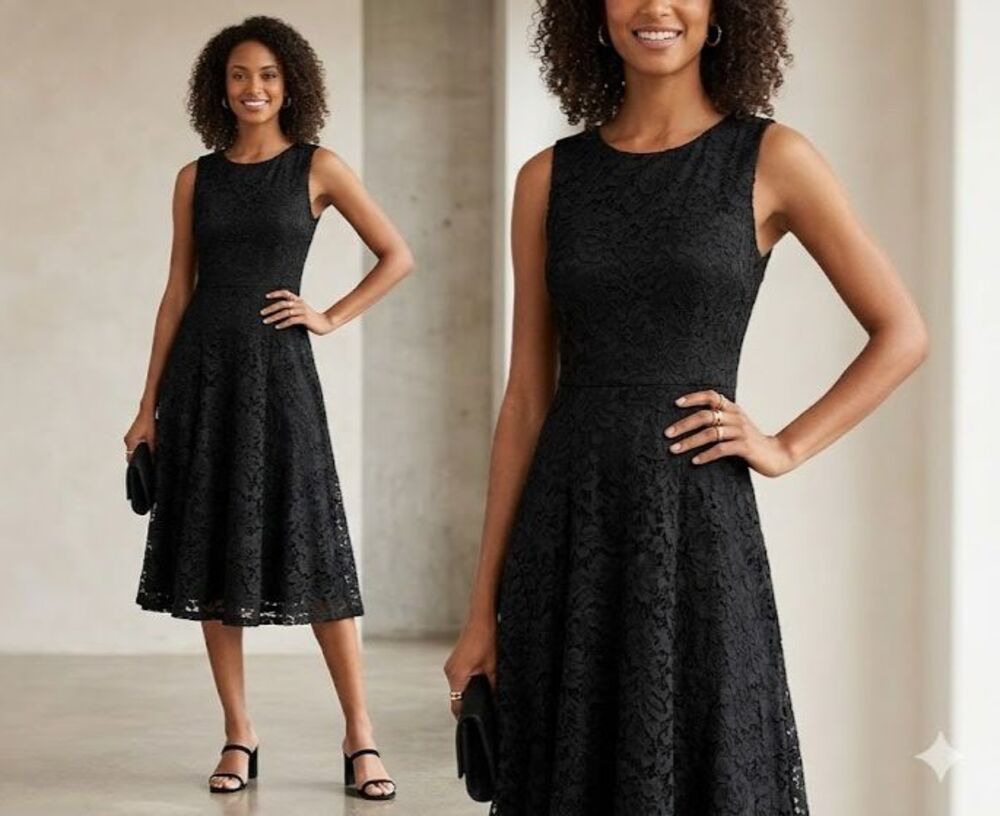 Ambiance Women's Size M Black Lace Dress Sleeveless A Line Flare Cocktail Party